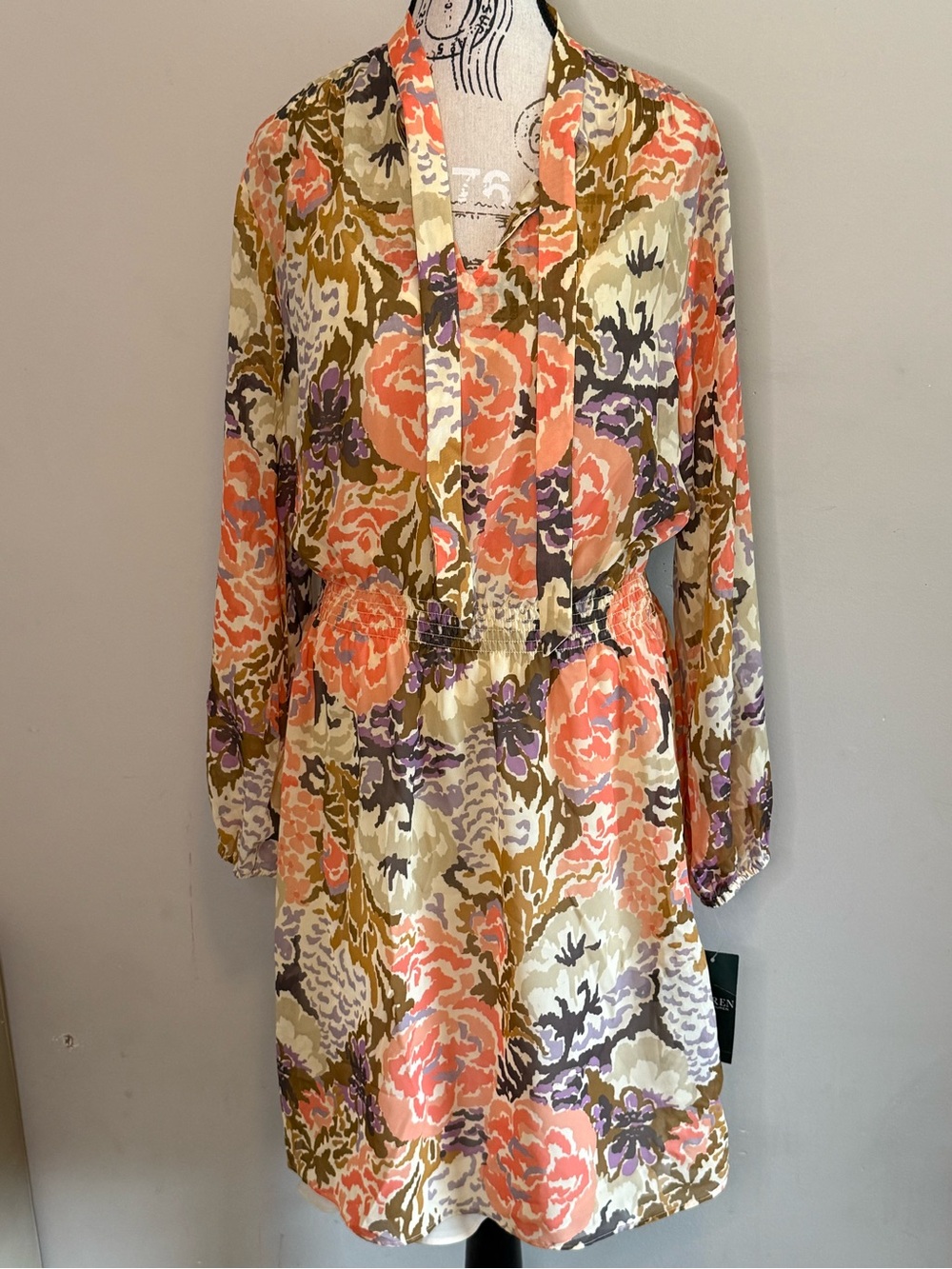 NWT - Ralph Lauren Floral Midi Dress in Coral, Olive & Lavender - Size 14